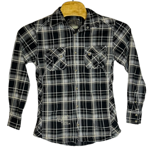 BKE Men's Black, Tan and White Plaid Slim Fit‎ Pearl Buttons Size M
